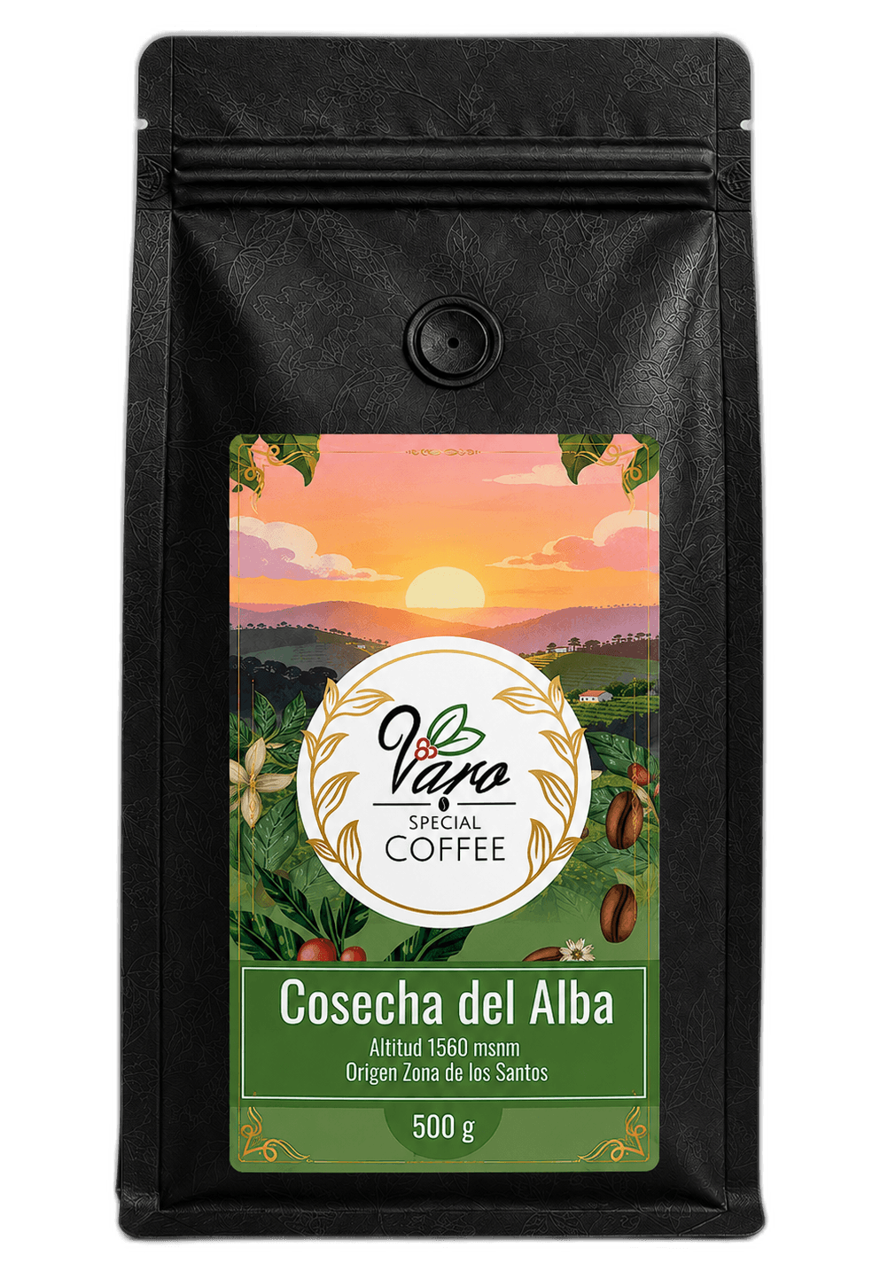 Bolsa de café Cosecha del Alba de Varo Special Coffee con luz rosada de amanecer sobre el cafetal.