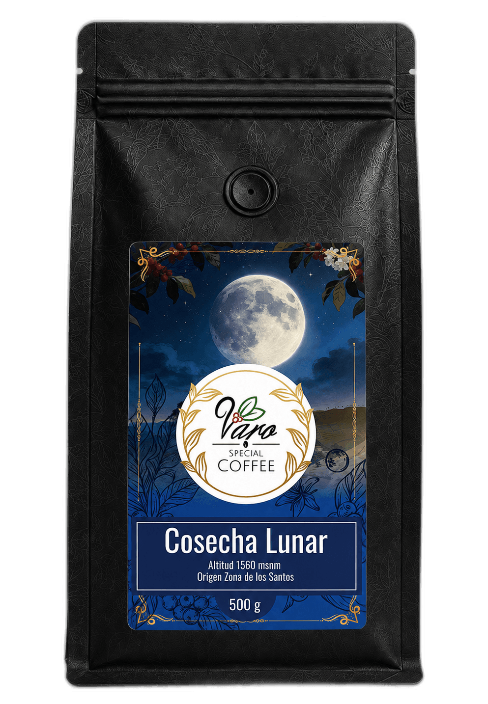 Bolsa de café Cosecha Lunar de Varo Special Coffee bajo una luz azulada de luna llena.
